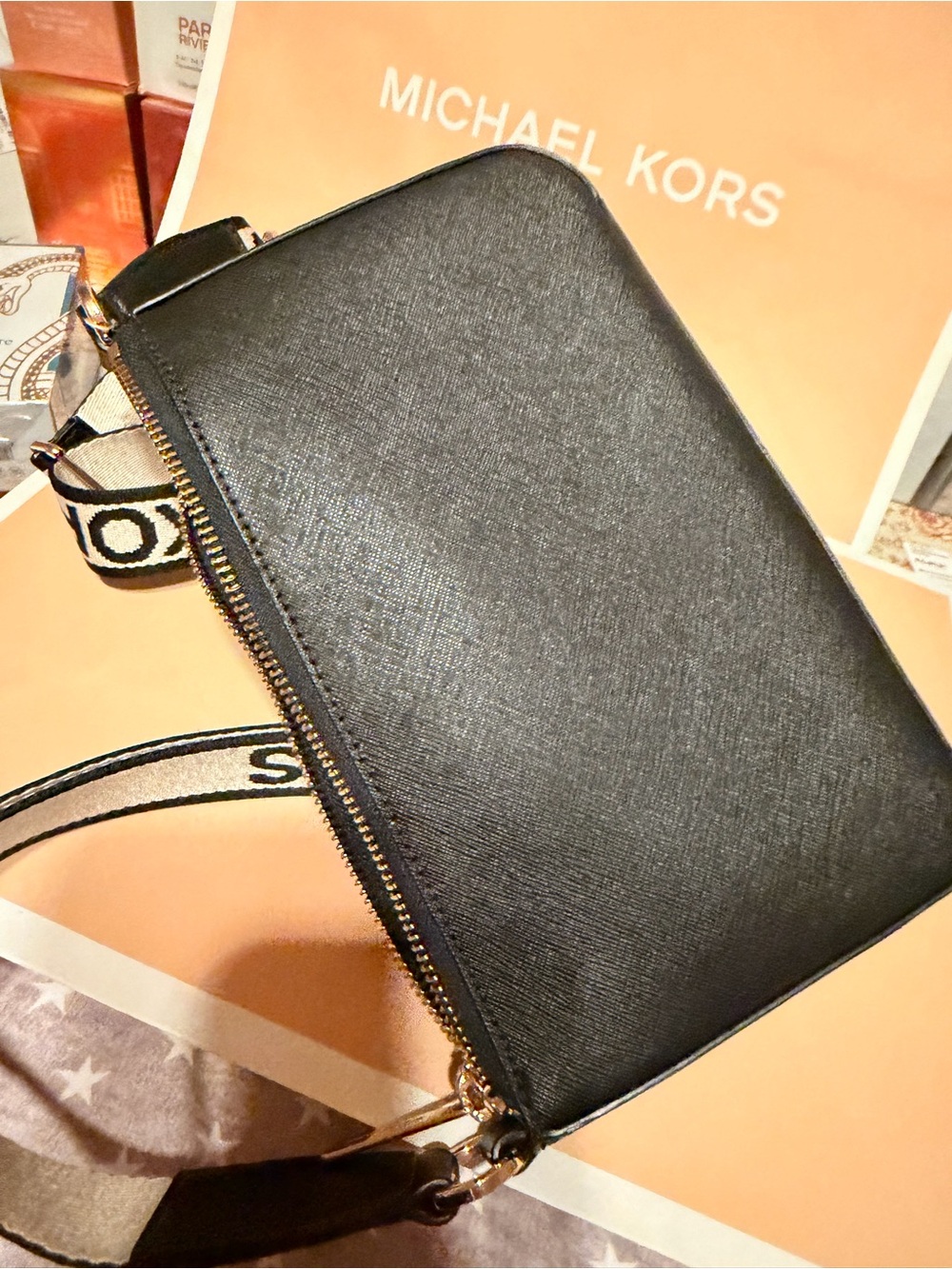 Michael Kors Black Saffiano Crossbody with Branded Canvas Strap - Picture 10 of 13